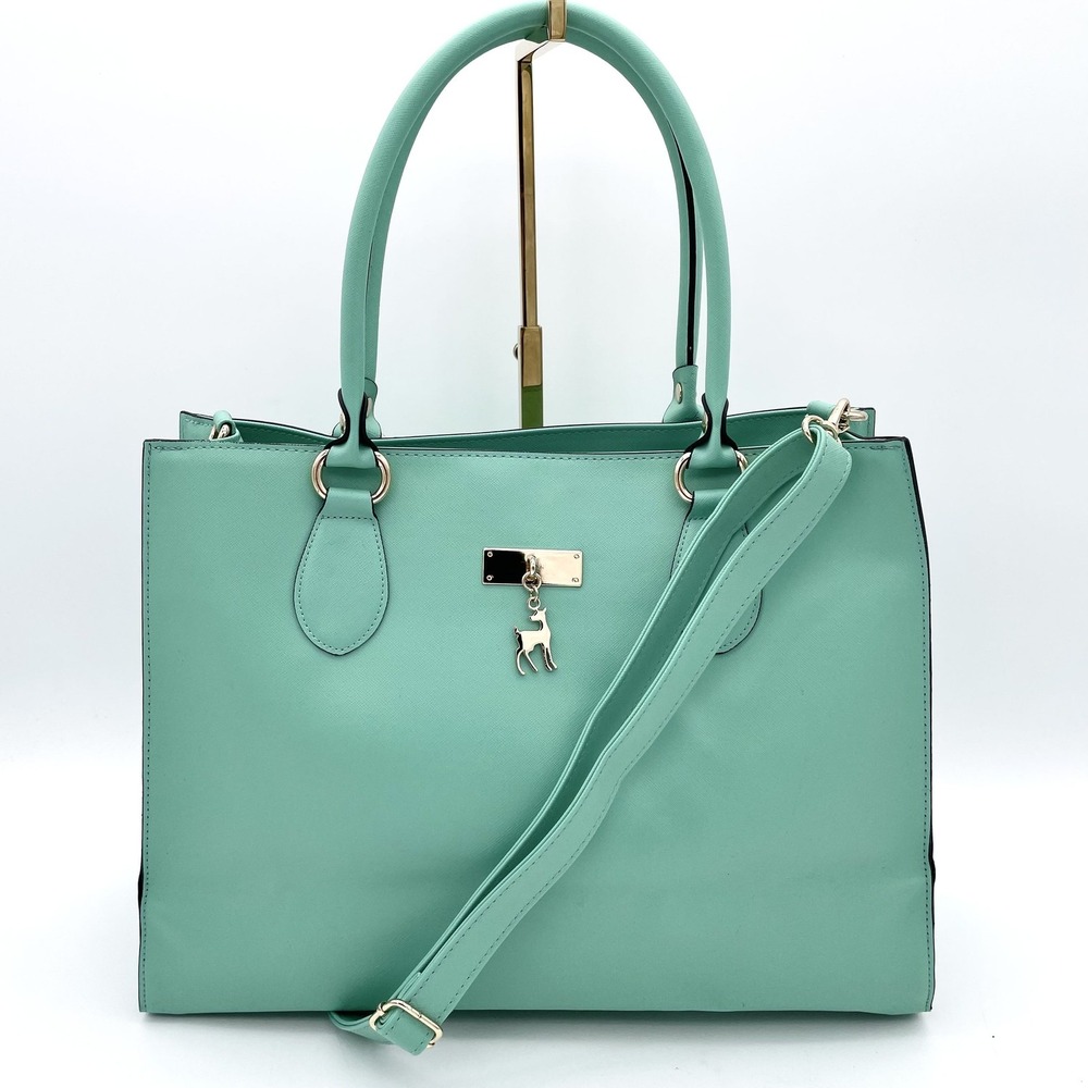 Pelle Borsa 100% Vegan Leather Teal Large Top Handle Tote Purse Gold Deer Charm
